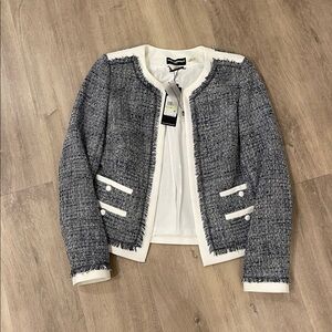 Karl Lagerfeld Gray Tweed Blazer with White Trim